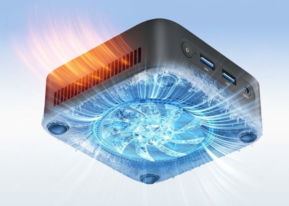 Komputer BLACKVIEW MP50 Wizualizacja systemu chłodzenia mini PC z chłodnym powiewem z wentylatora od spodu i odprowadzaniem ciepła z boku