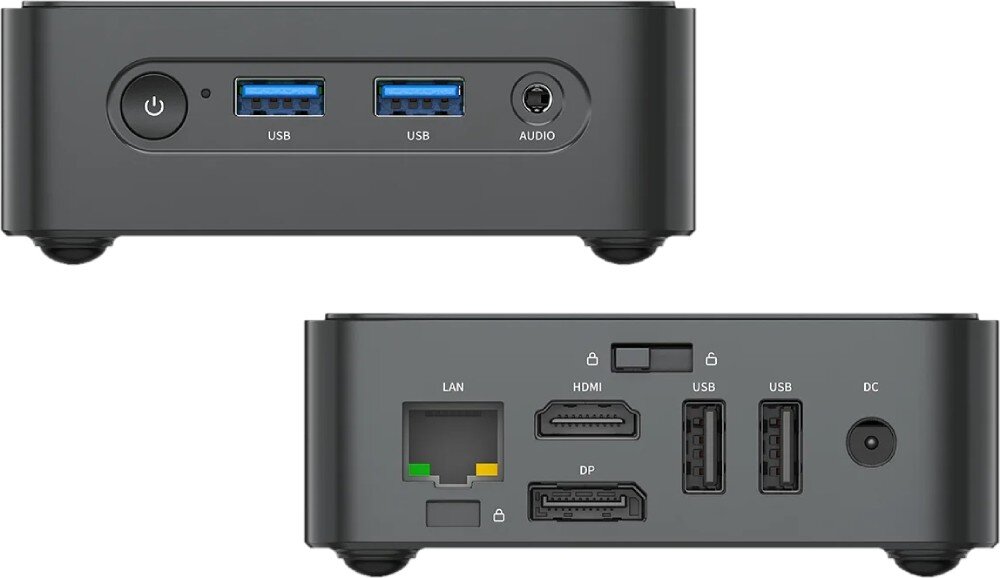 Komputer BLACKVIEW MP50 Przegląd przedniego i tylnego panelu mini PC z widocznymi portami USB, audio, HDMI, DisplayPort, LAN oraz zasilania