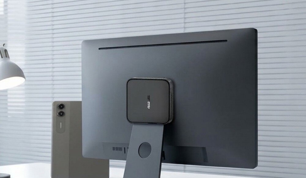 Komputer BLACKVIEW MP50 Tylna część monitora komputerowego z zamontowanym na nim niewielkim komputerem mini PC