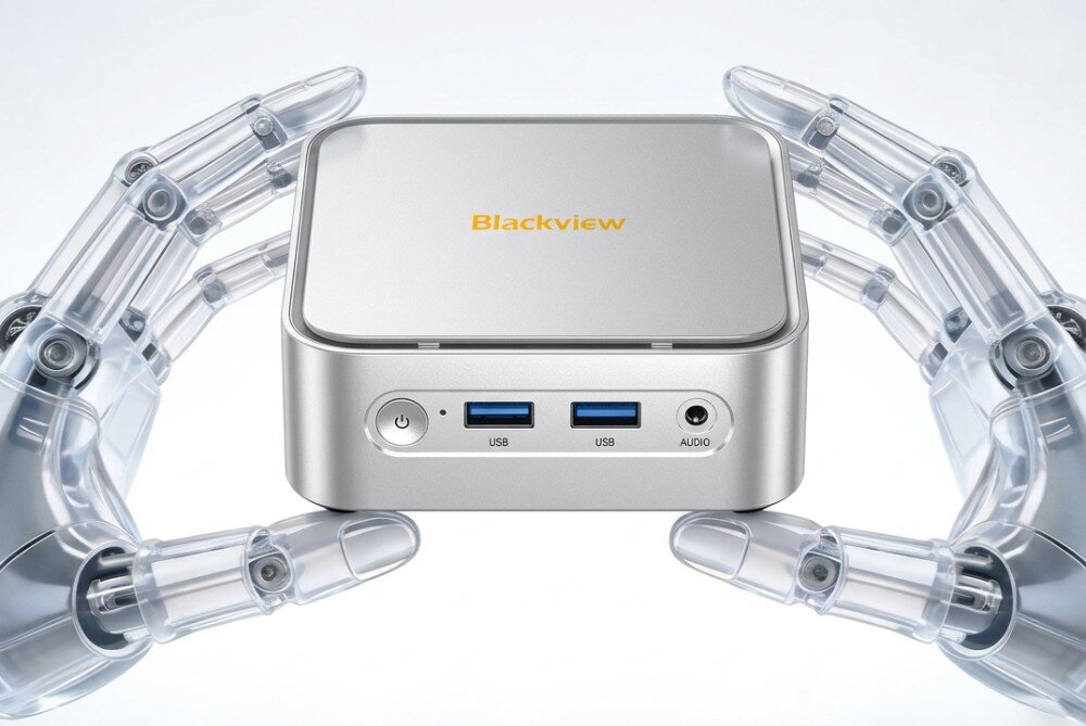 Komputer BLACKVIEW MP50 Dwie przezroczyste, robotyczne dłonie trzymają niewielki komputer stacjonarny typu mini PC z widocznym panelem przednim