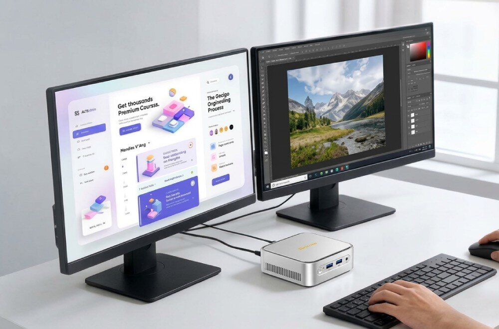 Komputer BLACKVIEW MP50 Stanowisko pracy z dwoma monitorami połączonymi z mini PC, przy którym osoba pracuje z użyciem klawiatury i myszy