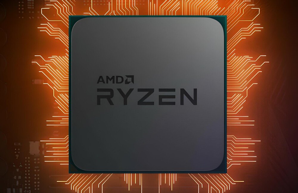 Komputer BLACKVIEW MP50 Procesor komputerowy z napisem 'AMD RYZEN' umieszczony na tle miedzianych ścieżek drukowanych