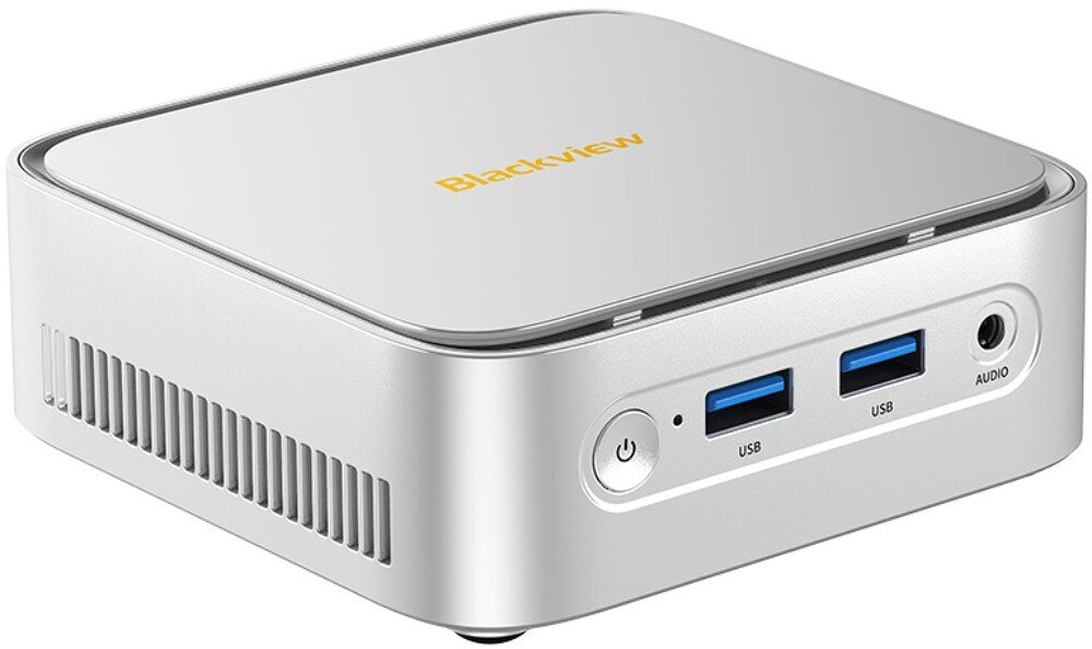 Komputer BLACKVIEW MP50 Przegląd przedniego i tylnego panelu mini PC z widocznymi portami USB, audio, HDMI, DisplayPort, LAN oraz zasilania