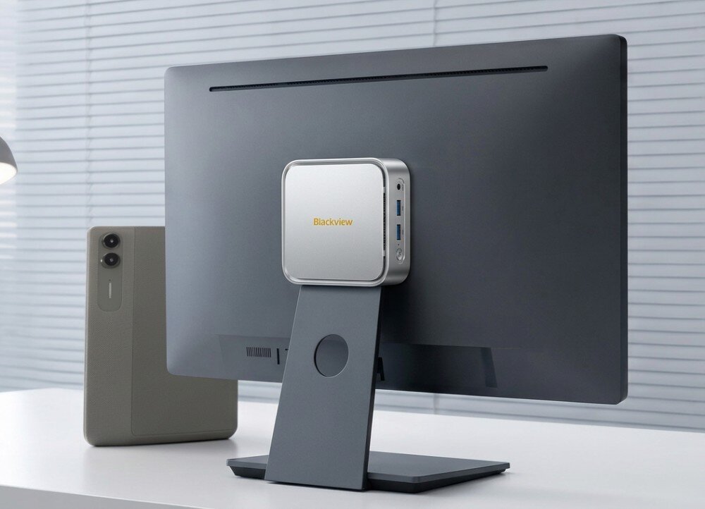 Komputer BLACKVIEW MP50 Tylna część monitora komputerowego z zamontowanym na nim niewielkim komputerem mini PC
