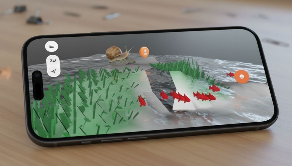 Echosonda wędkarska DEEPER CHIRP+ 4 lokalizacje ryb zapisane mapy 2D 3D, smartfon leżący na blacie