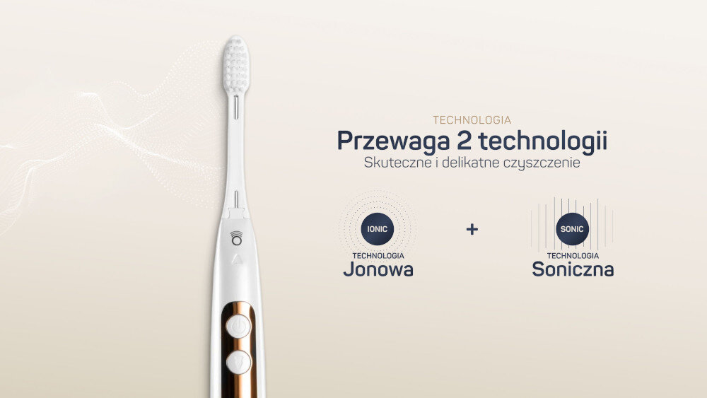 Szczoteczka soniczna TESLA Home Premium TDP121PW Perłowa biel zdjęcie lifestyle Wysoki poziom szczotkowania Połączenie technologii jonowej i sonicznej Technologia jonowa  26 000 ruchów sonicznych na minutę 