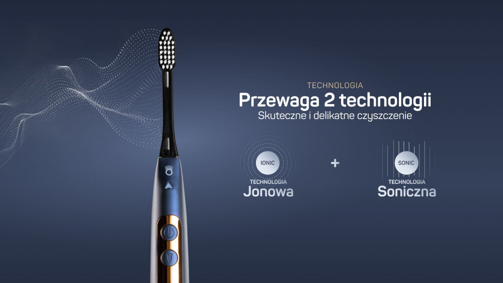 Obraz przedstawia granatową szczoteczkę soniczną z dwoma przyciskami na uchwycie. Obok znajduje się tekst: \'TECHNOLOGIA Przewaga 2 technologii Skuteczne i delikatne czyszczenie IONIC TECHNOLOGIA Jonowa + SONIC TECHNOLOGIA Soniczna\'.