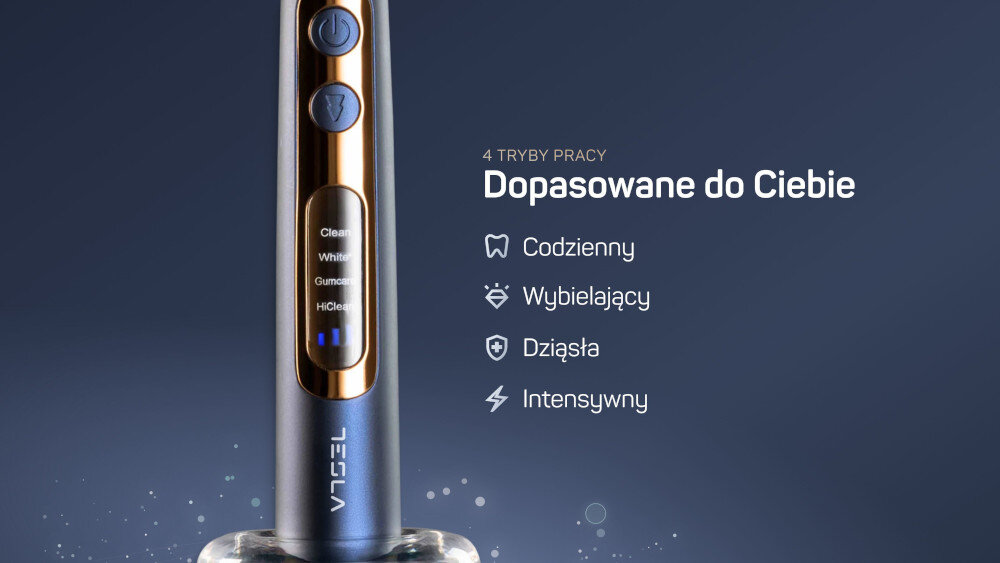 Na obrazie widoczna jest granatowa szczoteczka soniczna z trzema przyciskami i logo \'TESLA\' na dole. Obok znajduje się tekst: \'4 TRYBY PRACY Dopasowane do Ciebie Codzienny, Wybielający, Dziąsła, Intensywny\'.
