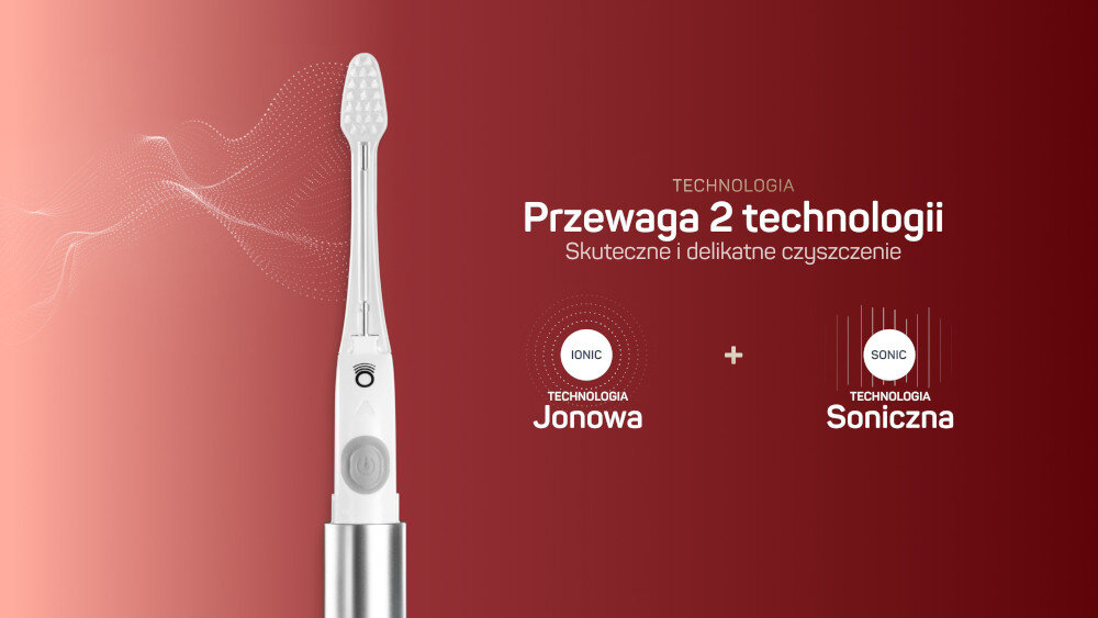 Szczoteczka soniczna TESLA Travel Czerwony  zdjęcie lifestyle Robi różnicę technologię jonową i soniczną Technologia jonowa 22 000 ruchów sonicznych na minutę bez potrzeby mocnego dociskania 