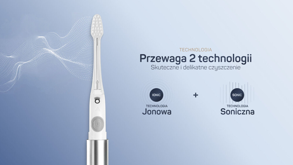 Szczoteczka soniczna TESLA Travel Perłowa biel  zdjęcie lifestyle Robi różnicę technologię jonową i soniczną Technologia jonowa 22 000 ruchów sonicznych na minutę bez potrzeby mocnego dociskania 