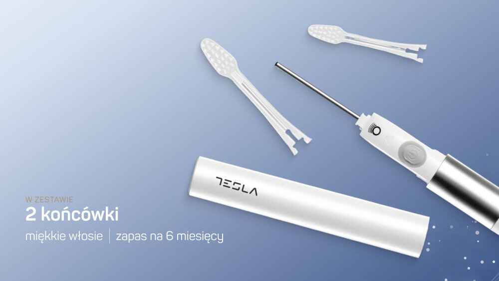 Szczoteczka soniczna TESLA Travel Perłowa biel  zdjęcie lifestyle Zapas końcówek 2 końcówki dedykowane do Tesla Travel Miękkie włosie zalecenia czas końcówki wymiana