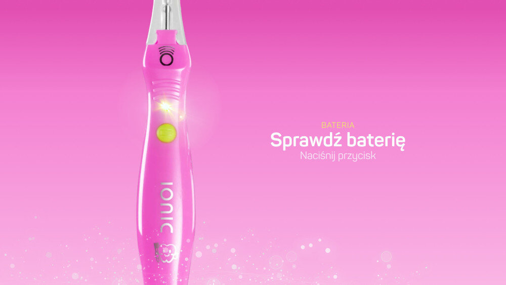 Szczoteczka do zębów TESLA Kids TMT8P Różowy zdjęcie lifestyle Zawsze gotowa do mycia około rok użytkowania 2 razy dziennie po około 2 minuty przycisk kontroli baterii