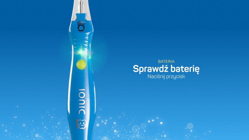 Szczoteczka do zębów TESLA Kids TMT8 Niebieski zdjęcie lifestyle Zawsze gotowa do mycia około rok użytkowania 2 razy dziennie po około 2 minuty przycisk kontroli baterii