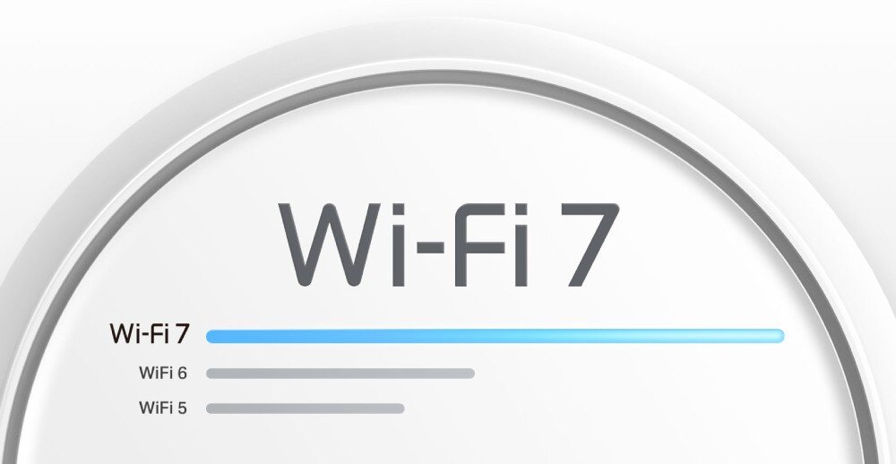 Router TP-LINK Deco BE22 Zbliżenie na fragment okrągłego urządzenia z dużym napisem 'Wi-Fi 7' oraz trzema poziomymi paskami wykresu pod spodem, przepustowość, prędkość, anteny