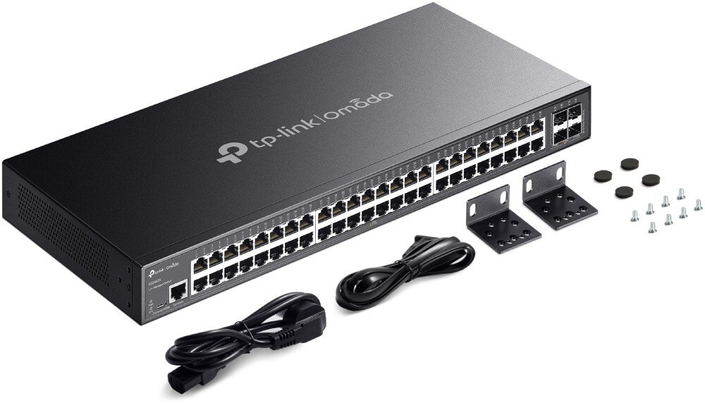 Switch TP-LINK Omada SG3452X Zdjęcie zestawu switcha wraz z akcesoriami montażowymi