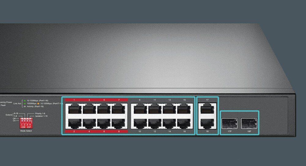 Switch TP-LINK TL-SL1218MP V2 Bliskie ujęcie na prawą stronę przedniego panelu przełącznika z zaznaczonymi jasnoniebieskimi ramkami sekcjami portów RJ45 oraz dwoma slotami SFP, porty, zasilanie PoE, zasięg