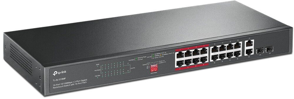 Switch TP-LINK TL-SL1218MP V2 Przełącznik sieciowy w metalowej obudowie pokazany pod kątem od góry, prezentujący pełny przedni panel oraz lewy bok urządzenia z otworami wentylacyjnymi, funkcje, separacja ruchu