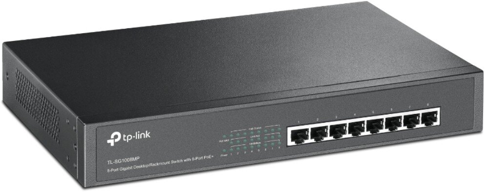 Switch TP-LINK TL-SG1008MP Urządzenie w metalowej obudowie widziane z przodu i z boku. Posiada osiem portów Ethernet ponumerowanych od 1 do 8 oraz panel diod sygnalizacyjnych po lewej stronie, opis