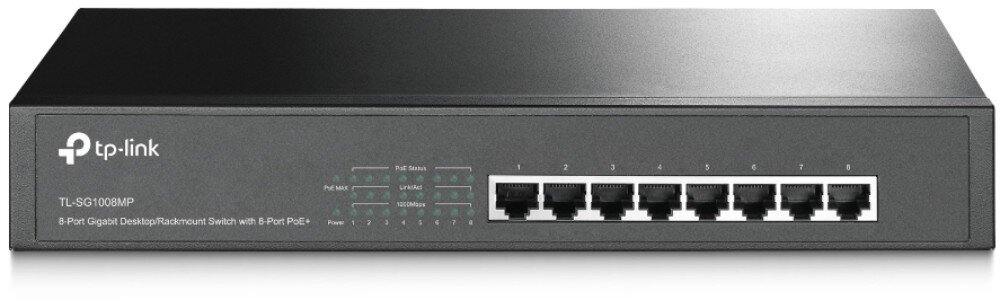 Switch TP-LINK TL-SG1008MP Front urządzenia w metalowej obudowie. Widoczne jest osiem portów Ethernet po prawej stronie, a po lewej logo, nazwa modelu oraz diody sygnalizacyjne, porty, przepustowość