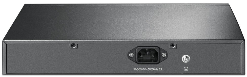 Switch TP-LINK TL-SG1008MP Tył metalowej obudowy urządzenia z centralnie umieszczonym gniazdem zasilania trójstykowego. Po prawej stronie gniazda znajduje się zacisk uziemiający, zasilanie PoE, moc