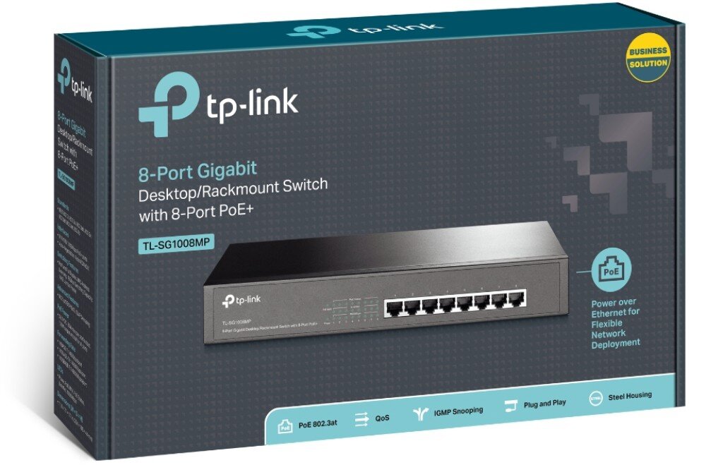 Switch TP-LINK TL-SG1008MP Szaro-turkusowe opakowanie z wizerunkiem przełącznika. Na pudełku znajduje się białe logo, napis '8-Port Gigabit Desktop/Rackmount Switch with 8-Port PoE+' oraz ikony, funkcje, parametry, wydajność