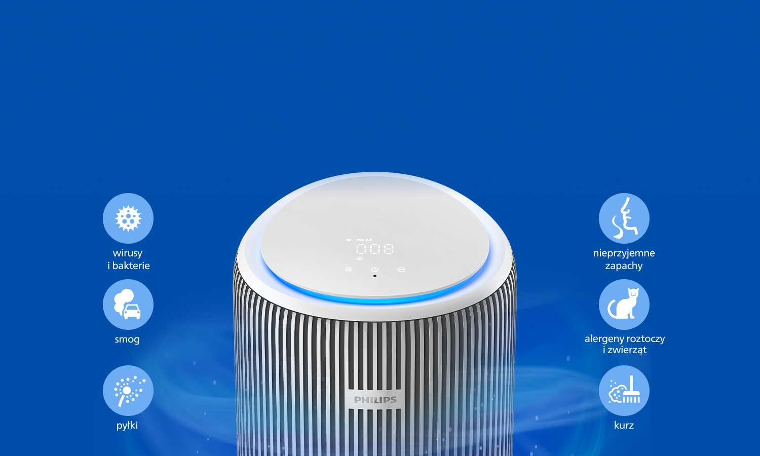Oczyszczacz powietrza z logo PHILIPS na tle niebieskiego gradientu. Wokół urządzenia znajdują się ikony z napisami: \'wirusy i bakterie\', \'smog\', \'pyłki\', \'nieprzyjemne zapachy\', \'alergeny roztoczy i zwierząt\', \'kurz\'.