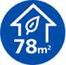 Niebieska ikona z białym symbolem domu i liściem w środku oraz napisem \'78 m²\'.