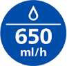 Niebieska ikona z białą kroplą wody nad linią oraz napisem \'650 ml/h\'.