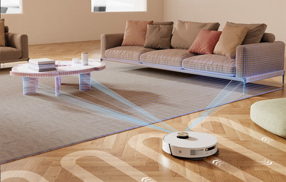 Biały robot sprzątający porusza się po drewnianej podłodze w salonie, emitując niebieskie linie wskazujące nawigację. W tle znajduje się sofa z poduszkami oraz stolik kawowy na dywanie.