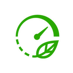 Zielona ikona przedstawiająca prędkościomierz z liściem, symbolizująca efektywność energetyczną.