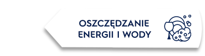 Biały prostokąt z tekstem \'OSZCZĘDZANIE ENERGII I WODY\' oraz ikoną przedstawiającą naczynia i bąbelki.