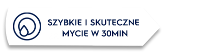 Grafika przedstawia ikonę kropli wody oraz tekst \'SZYBKIE I SKUTECZNE MYCIE W 30MIN\'.