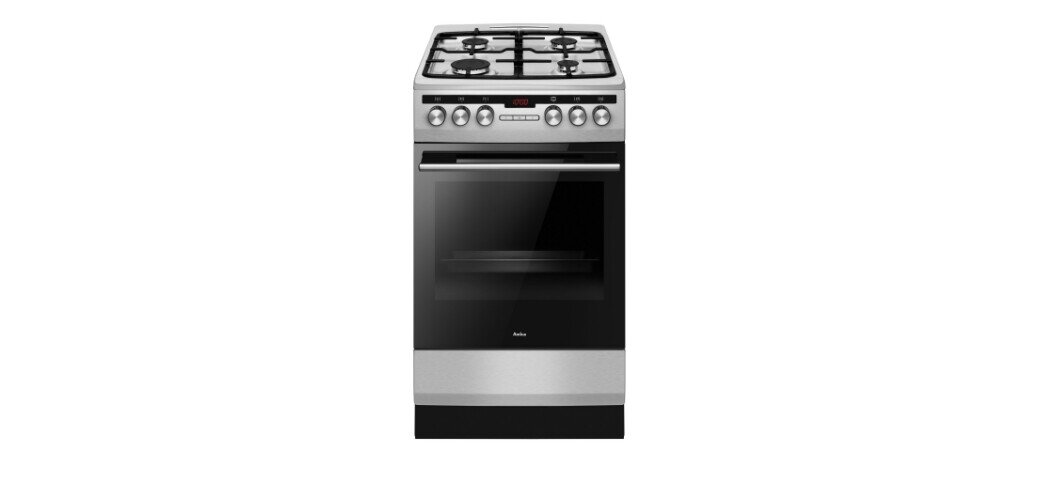 Na obrazie widoczna jest kuchnia wolnostojąca z czterema palnikami gazowymi i piekarnikiem. Na froncie piekarnika znajduje się logo \'Amica\'.