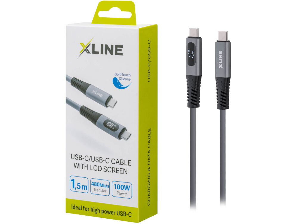 Kabel USB-C - USB-C XLINE z wyświetlaczem LCD 100W 1.5 m Szary pudełko kabel z wyświetlaczem