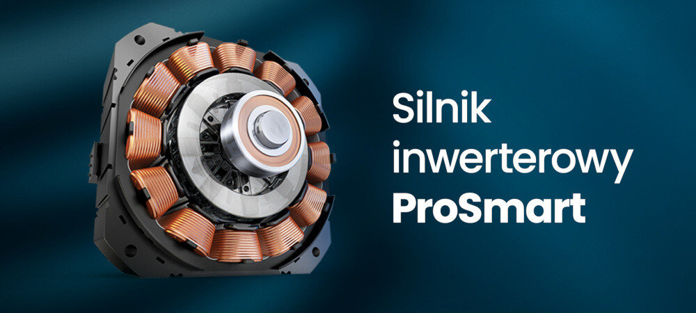 Obraz przedstawia silnik z miedzianymi zwojami na ciemnym tle. Obok widoczny jest tekst: \'Silnik inwerterowy ProSmart\'.