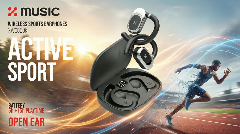 Słuchawki powietrzne XMUSIC XWS550K Dynamiczne zdjęcie reklamowe czarnych słuchawek bezprzewodowych dousznych nausznych z etui ładującym ze wskaźnikiem LED 100%. W tle biegacz na bieżni stadionu o zachodzie słońca ze świetlistymi smugami. Teksty na obrazku: logo MUSIC z symbolem X, WIRELESS SPORTS EARPHONES XWS550K, ACTIVE SPORT, BATTERY 5h+15h PLAYTIME oraz OPEN EAR