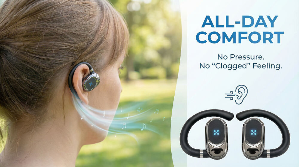 Słuchawki powietrzne XMUSIC XWS550K Zbliżenie z boku na kobietę w plenerze noszącą czarną słuchawkę nauszną z widocznym logotypem 'X'. Od słuchawki wychodzi wizualizacja fal dźwiękowych i nut. Po prawej stronie napisy: ALL-DAY COMFORT, No Pressure. No Clogged Feeling. oraz ikona ucha z liniami przepływu powietrza. Poniżej dwie osobne słuchawki. Tło stanowi rozmyty park.