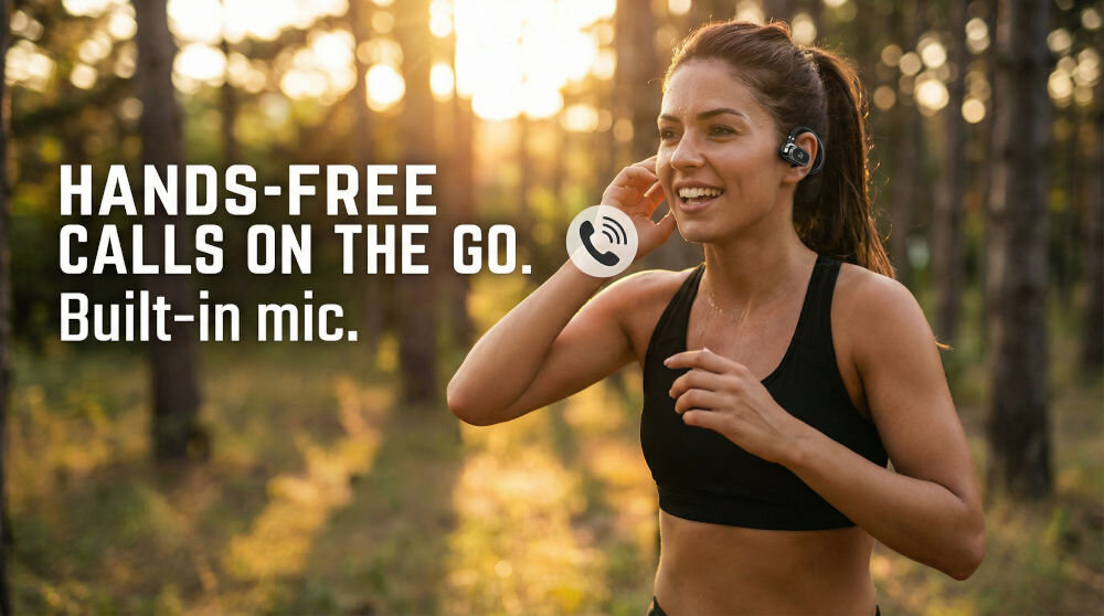 Słuchawki powietrzne XMUSIC XWS550K Zdjęcie uśmiechniętej kobiety w sportowym topie biegającej przez las o zachodzie słońca. Kobieta ma założoną nauszną słuchawkę i trzyma dłoń przy uchu, co sugeruje rozmowę telefoniczną. Na pierwszym planie duży, biały napis: HANDS-FREE CALLS ON THE GO. Built-in mic. oraz biała ikona słuchawki telefonicznej w kółku. Tło jest rozmyte, ciepłe światło słońca przebija się przez drzewa.