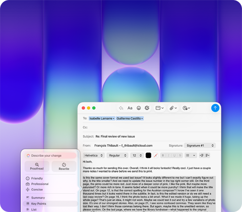 Na ekranie laptopa wyświetlony jest program do edycji tekstu z otwartym e-mailem, w tle gradientowe tło w odcieniach niebieskiego i fioletowego. Na ekranie widoczne są przyciski do formatowania tekstu oraz pola do wpisania adresatów i tematu wiadomości.