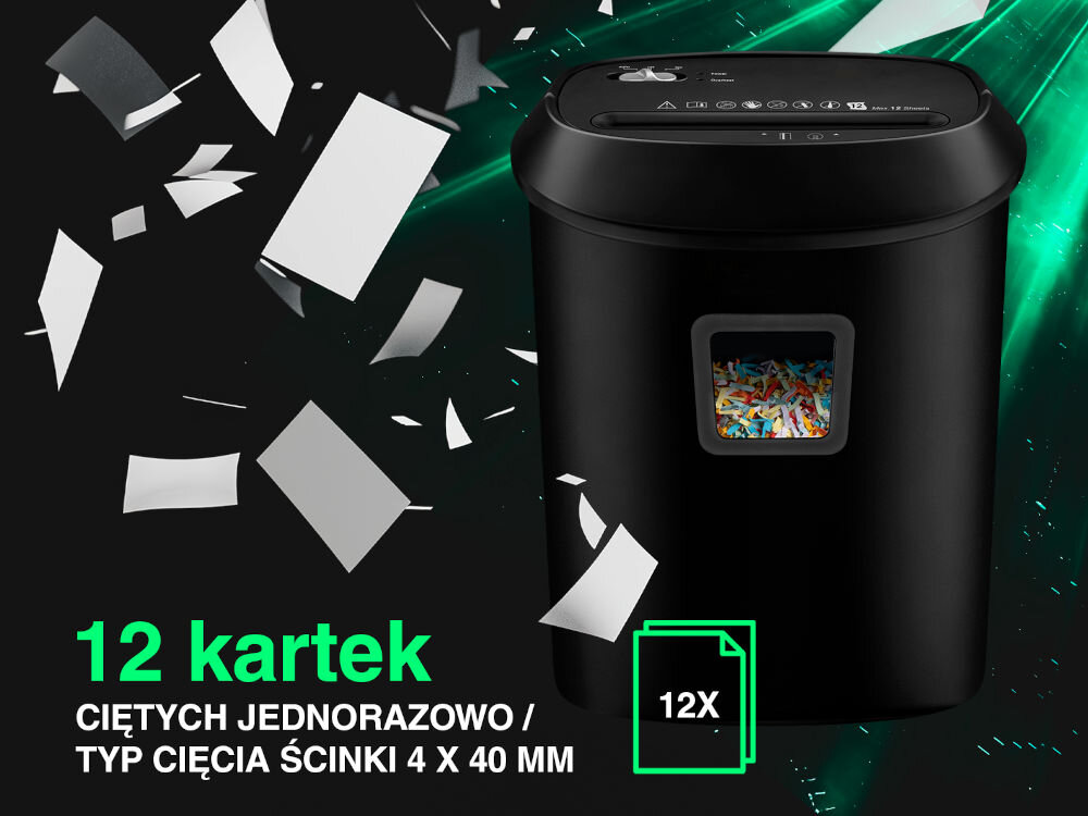 Czarna niszczarka z widocznym pojemnikiem na ścinki, wokół której unoszą się pocięte kartki papieru. Tekst na obrazie: \'12 kartek CIĘTYCH JEDNORAZOWO / TYP CIĘCIA ŚCINKI 4 X 40 MM\'.