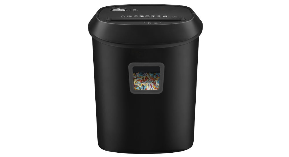 Czarna niszczarka z okienkiem pokazującym pocięte kolorowe papierki. Na górze urządzenia widoczne są symbole i przyciski sterujące.