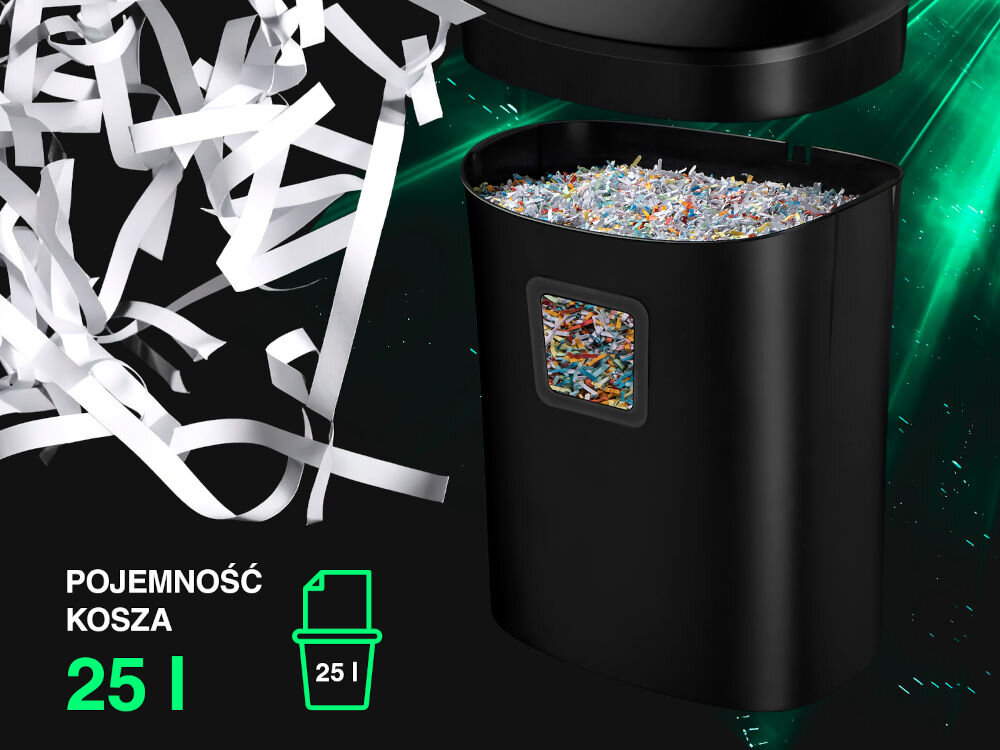 Obraz przedstawia czarny kosz niszczarki wypełniony pociętym papierem. Obok znajduje się tekst: \'POJEMNOŚĆ KOSZA 25 l\' oraz ikona kosza z napisem \'25 l\'.