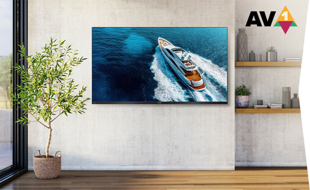 Telewizor wyświetla obraz motorówki płynącej po błękitnym morzu. Obok telewizora znajduje się roślina w doniczce, a na ścianie widoczne jest logo \'AV1\'.