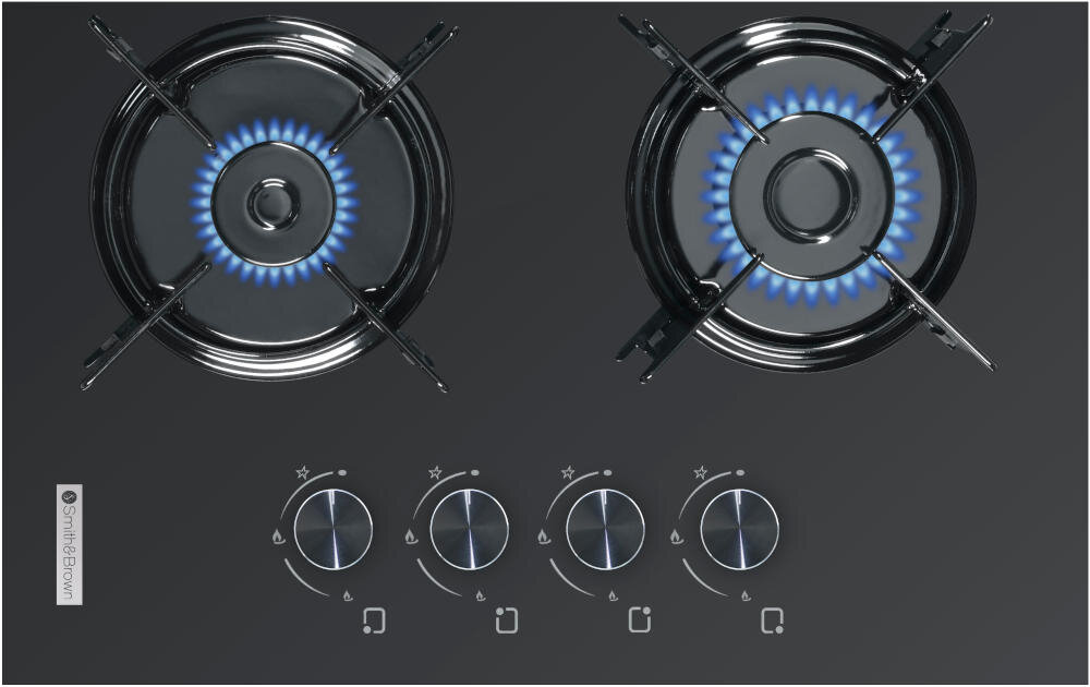 Czarna płyta gazowa z dwoma palnikami, na których widać niebieskie płomienie. Na płycie znajdują się cztery pokrętła oraz logo \'Smith&Brown\'.