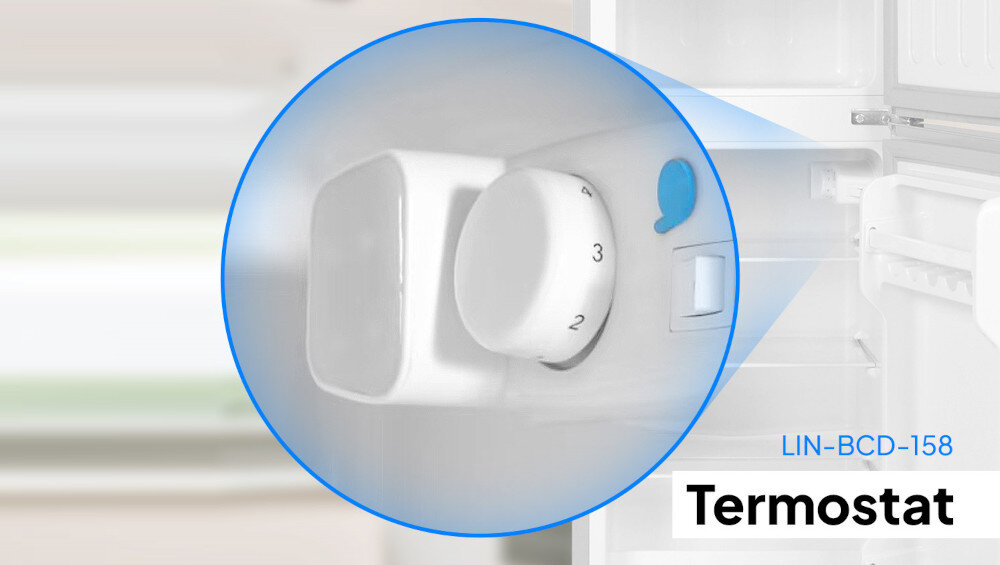 Obraz przedstawia zbliżenie na termostat lodówki z widocznymi oznaczeniami 1, 2, 3. Obok znajduje się tekst: \'LIN-BCD-158 Termostat\'.