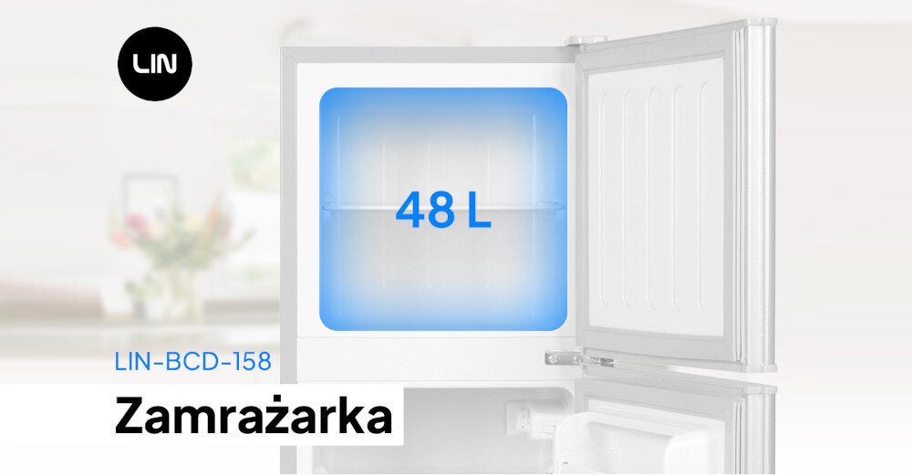 Obraz przedstawia otwartą zamrażarkę z napisem \'48 L\' na niebieskim tle. Widoczne są również napisy \'LIN-BCD-158\' oraz \'Zamrażarka\', a w lewym górnym rogu znajduje się logo \'LIN\'.