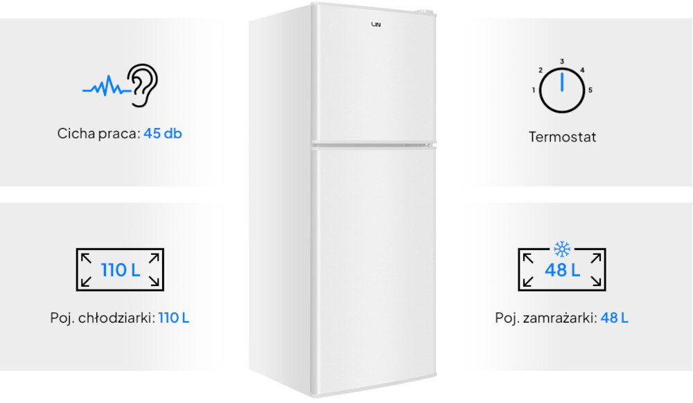 Biała lodówka LIN z dwoma drzwiami, z logo LIN na górze. Obok znajdują się informacje: \'Cicha praca: 45 db\', \'Termostat\', \'Poj. chłodziarki: 110 L\', \'Poj. zamrażarki: 48 L\'.