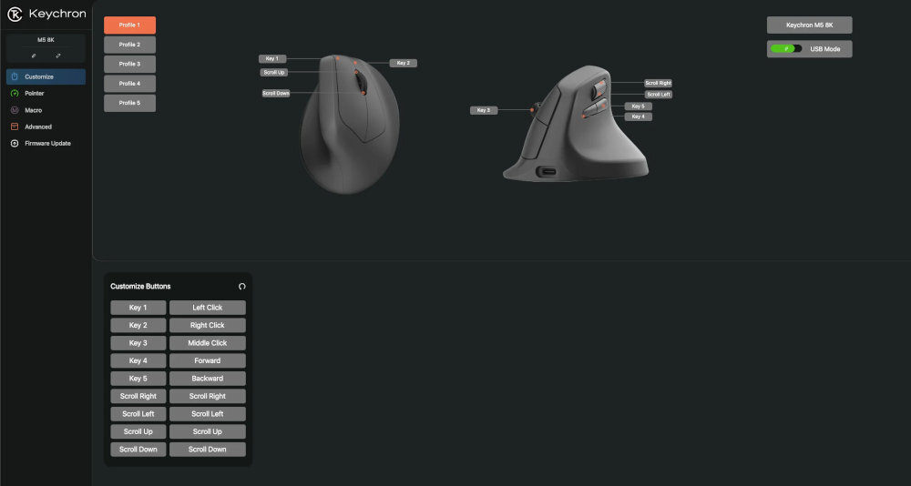 KEYCHRON M5 Keychron Engine personalizację, zmianę funkcji klawiszy, tworzenie własnych skrótów oraz makr dostosować LOD częstotliwość odświeżania DPI - interfejs oprogramowania Keychron Engine