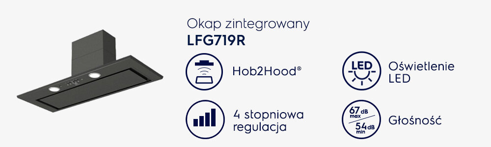 Obraz przedstawia czarny okap zintegrowany z oznaczeniem LFG719R oraz ikonami funkcji: Hob2Hood, 4 stopniowa regulacja, oświetlenie LED i głośność 67 dB max, 54 dB min. Widoczny jest tekst: \'Okap zintegrowany LFG719R\'.