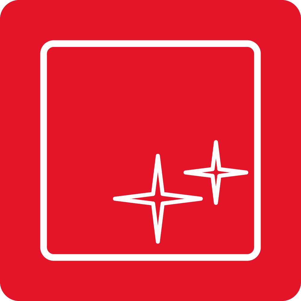 Czerwony kwadrat z białą ikoną przedstawiającą prostokąt i dwie gwiazdki, symbolizujący czystość lub połysk.